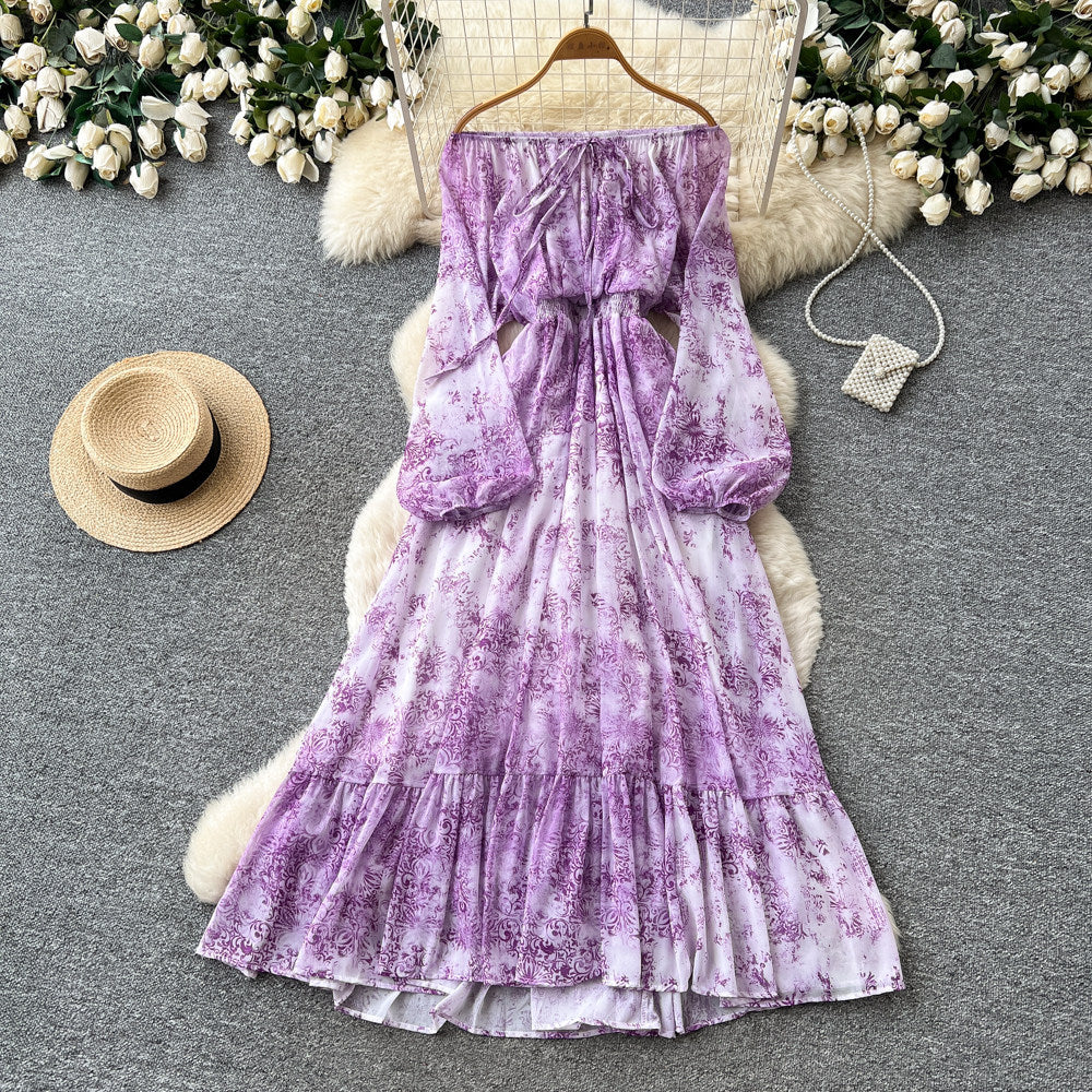 French chic tie-waist floral print dress - women's elegant one-shoulder long sleeve maxi dress