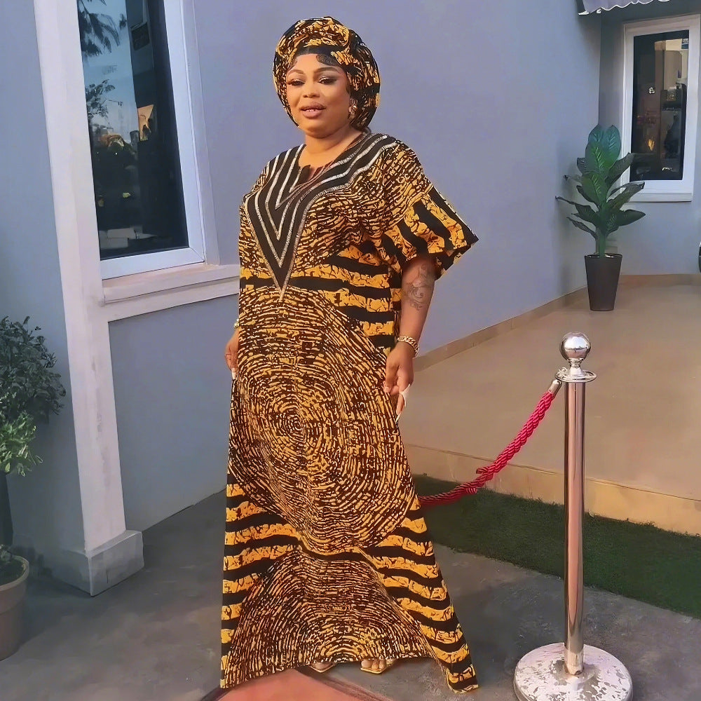 European and american african women's printed loose robe plus size long dress   rhinestone dress in stock