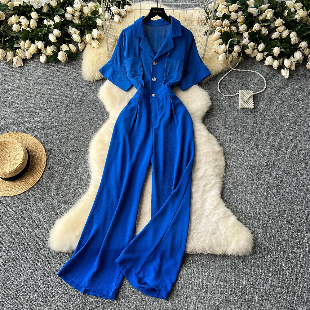 Summer women's new jumpsuit chic niche lightly mature style suit collar single breasted short sleeve high waistcasual jumpsuit