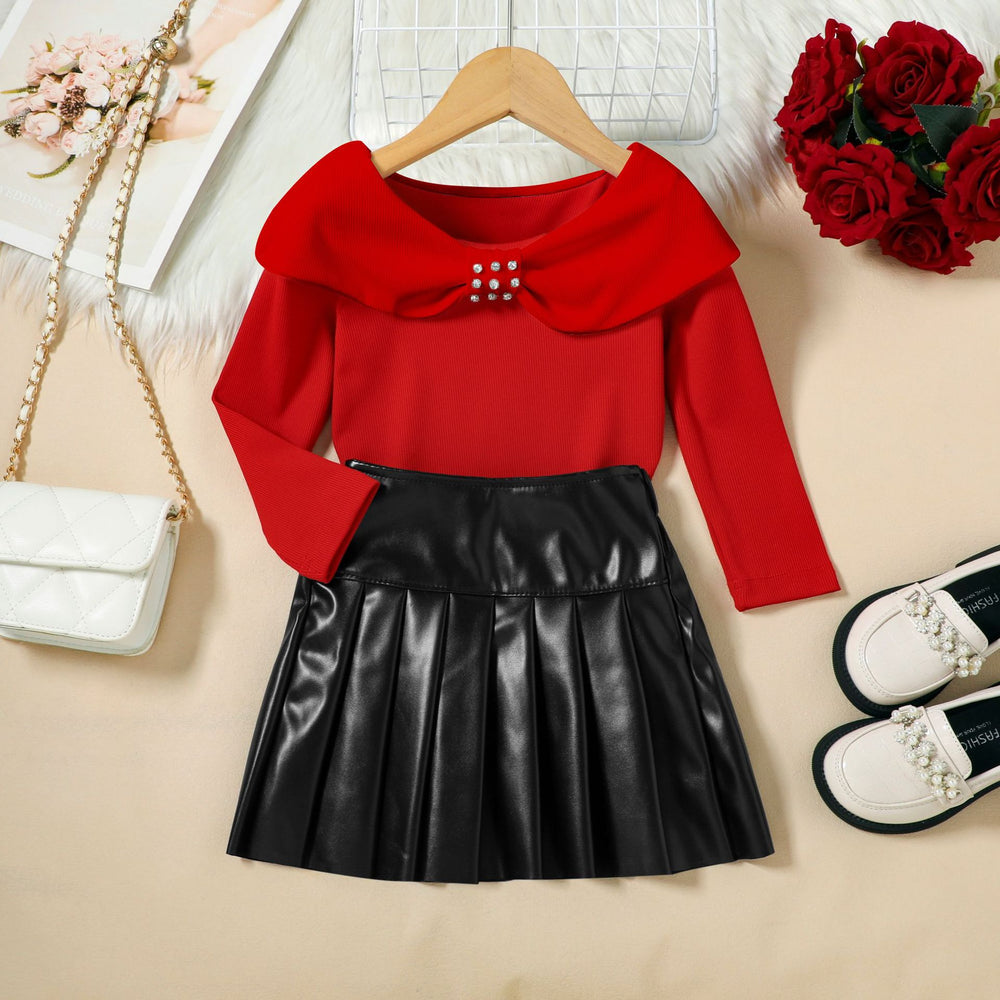 European and american autumn girls' bowknot design off-the-shoulder beaded long-sleeve top and pu leather pleated skirt two-piece set