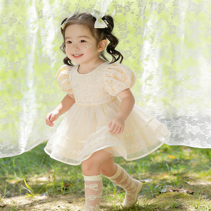 Girls' new birthday party & baby shower lace dress - baby's first birthday performance bow dress - cross-border wholesale
