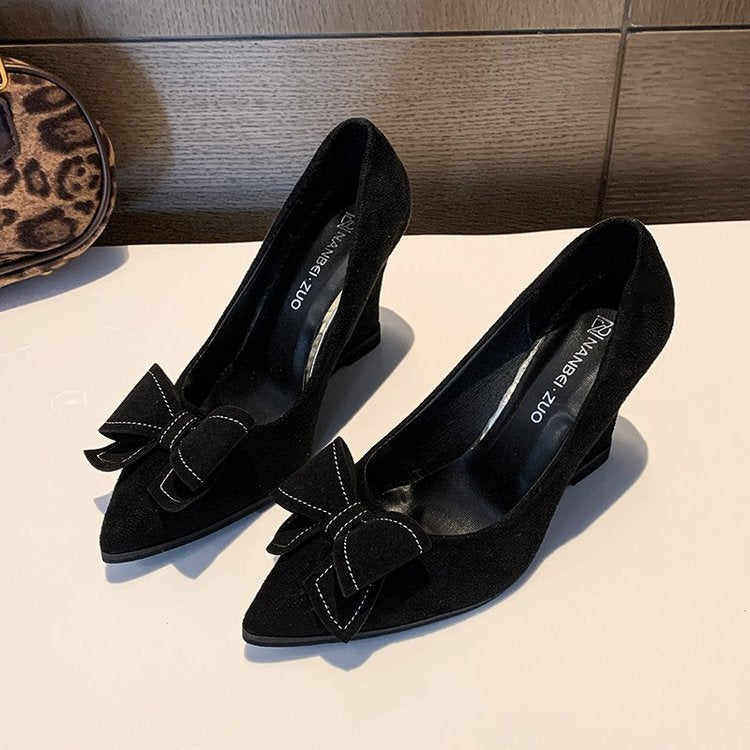 2025 spring/autumn new korean style bowknot platform wedge heel pointed toe flats for women