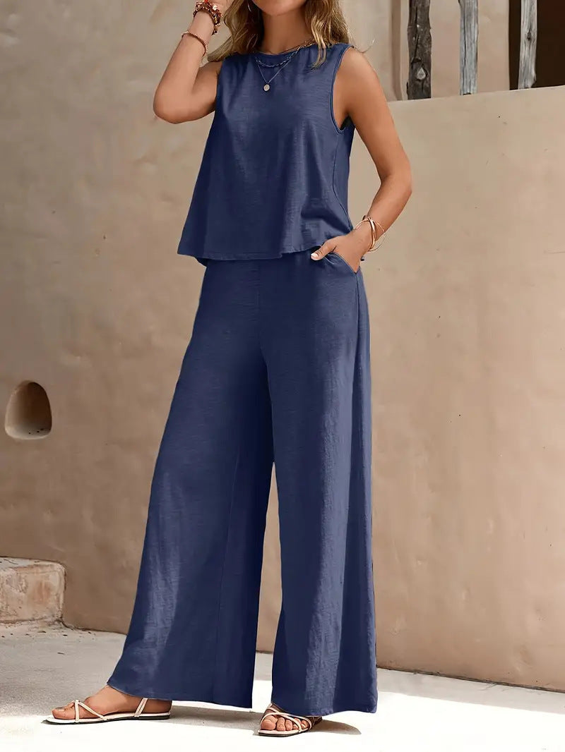 fashion cross-border best sellingpure colorelegancetwo-piece set round neck vest and loose pants suit women's clothing
