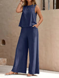 fashion cross-border best sellingpure colorelegancetwo-piece set round neck vest and loose pants suit women's clothing
