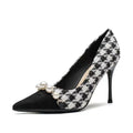 2023new arrival tweed style stiletto heel best selling french chidori grids high heels color matching easiest for match pearl flats women's fall and winter