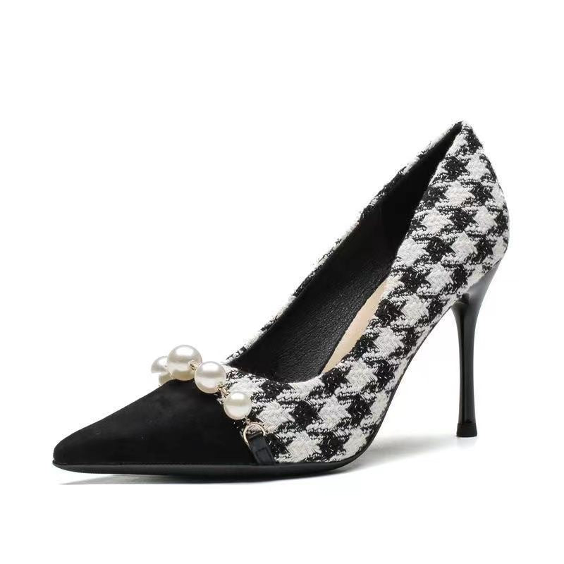 2023new arrival tweed style stiletto heel best selling french chidori grids high heels color matching easiest for match pearl flats women's fall and winter