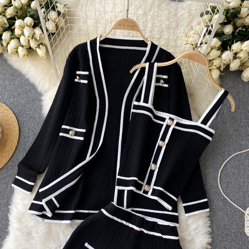 Xiaoxiangfeng autumn clothing 2022 new arrival women's suitlong sleevesknittingcardiganoutwear camisole wide legshorts