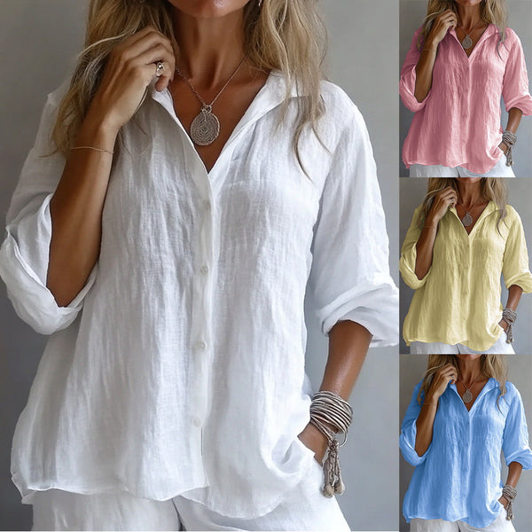 2025 European and American women's clothing  spring explosion solid color linen v-neck long-sleeved casual shirt