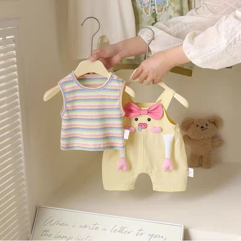 baby crawling suit kids summer short sleeve overalls suit infant baby cartoon piggy two-piece set trendy