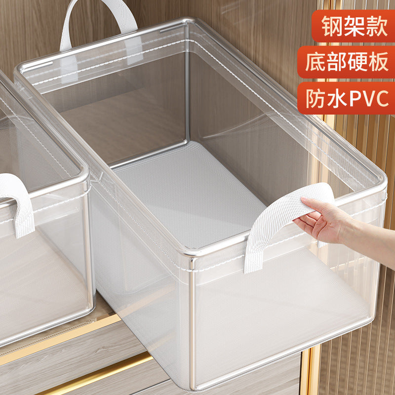 Clothes storage box, layered finishing box for clothes and pants in household wardrobe, transparent folding storage basket frame artifact