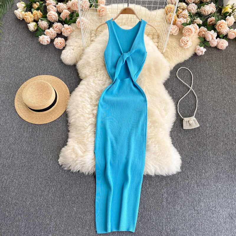 European and american style ins women's summer new sexy twist knot cleavage-enhancing hollow-out fashion two-way knitted dress