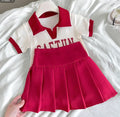 Girls' short-sleeve polo shirt & active set -  summer collection: letter print color block tee & pleated skirt set