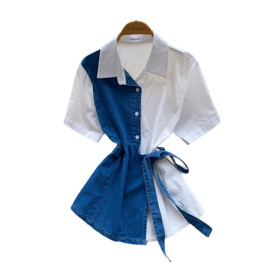 K-stylepatchworkcomfortable breathable waist-cinching denim shirt for women, light and mature style, tie backslimming look, easiest for match style tops