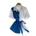 K-stylepatchworkcomfortable breathable waist-cinching denim shirt for women, light and mature style, tie backslimming look, easiest for match style tops