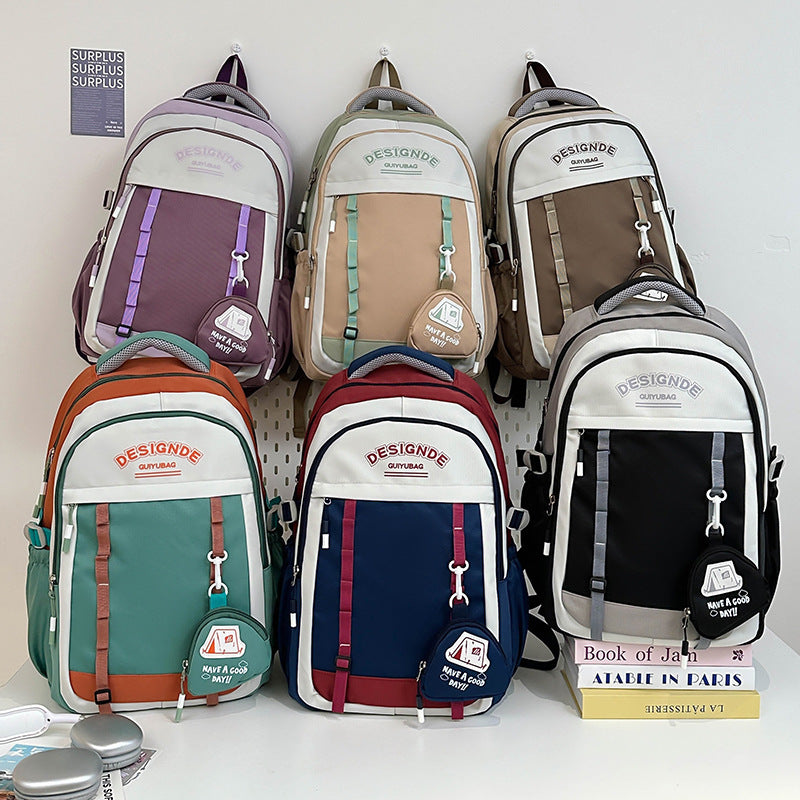 School bag female primary school students large-capacity contrasting color simple Japanese backpack 2025 new junior high school travel backpack
