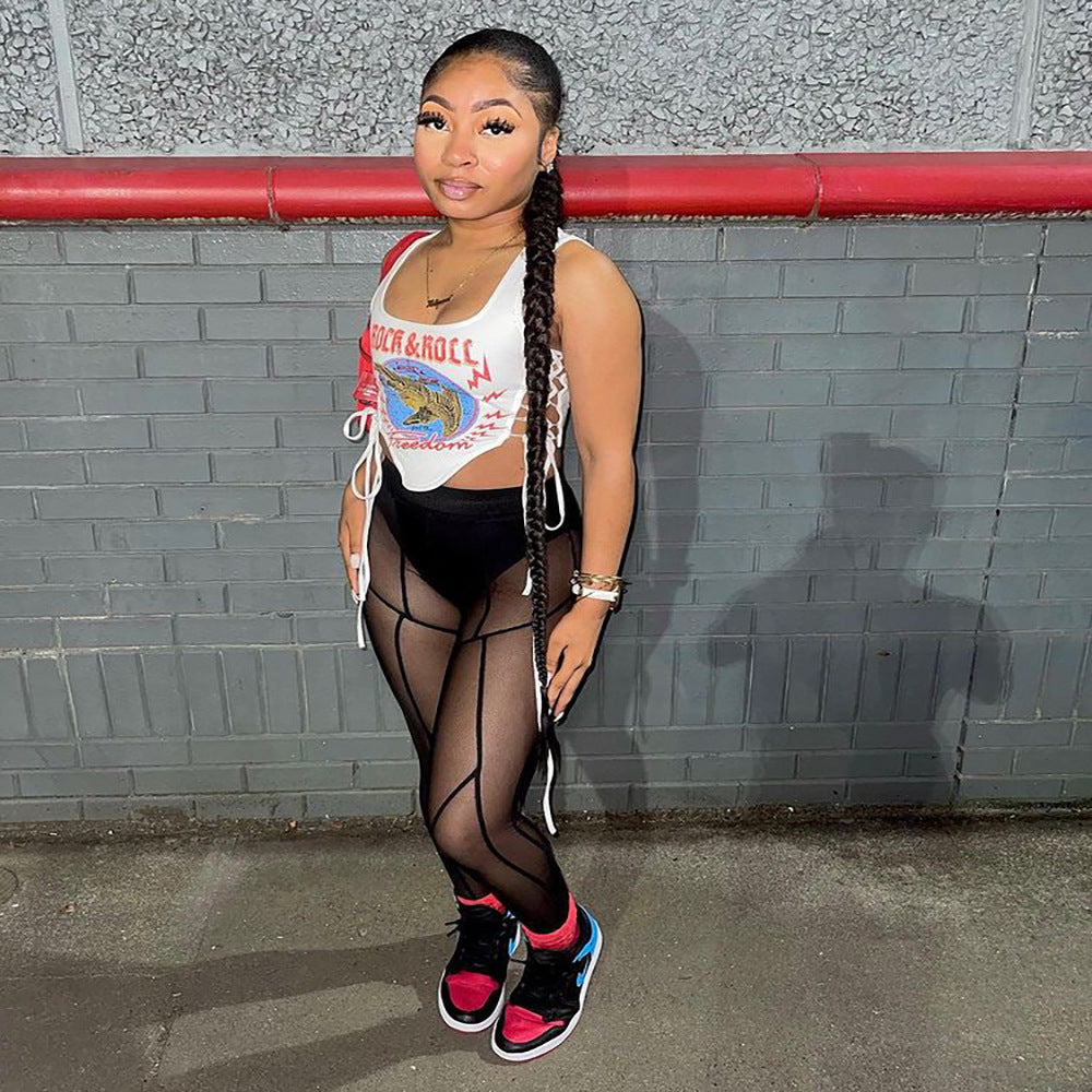European and american cross-border women's fashion  supply sexy streetwear letter print irregular tie-up crop top