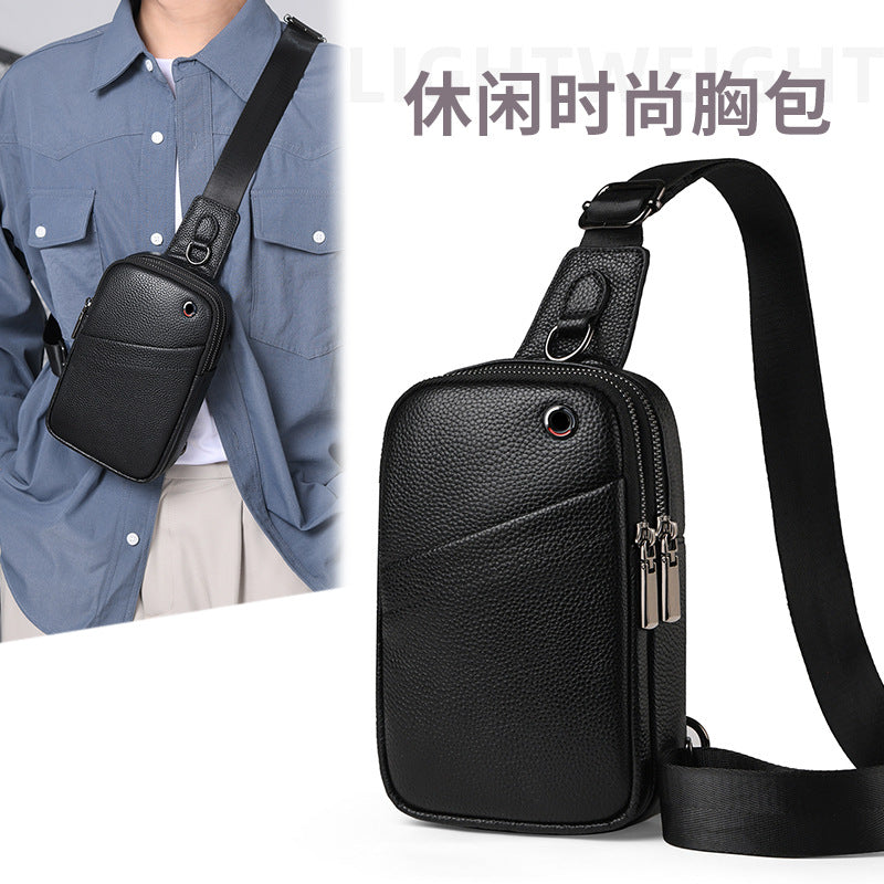 New men's breast bag, messenger bag, leather fashion waterproof simple mobile phone bag, casual trend sports messenger bag