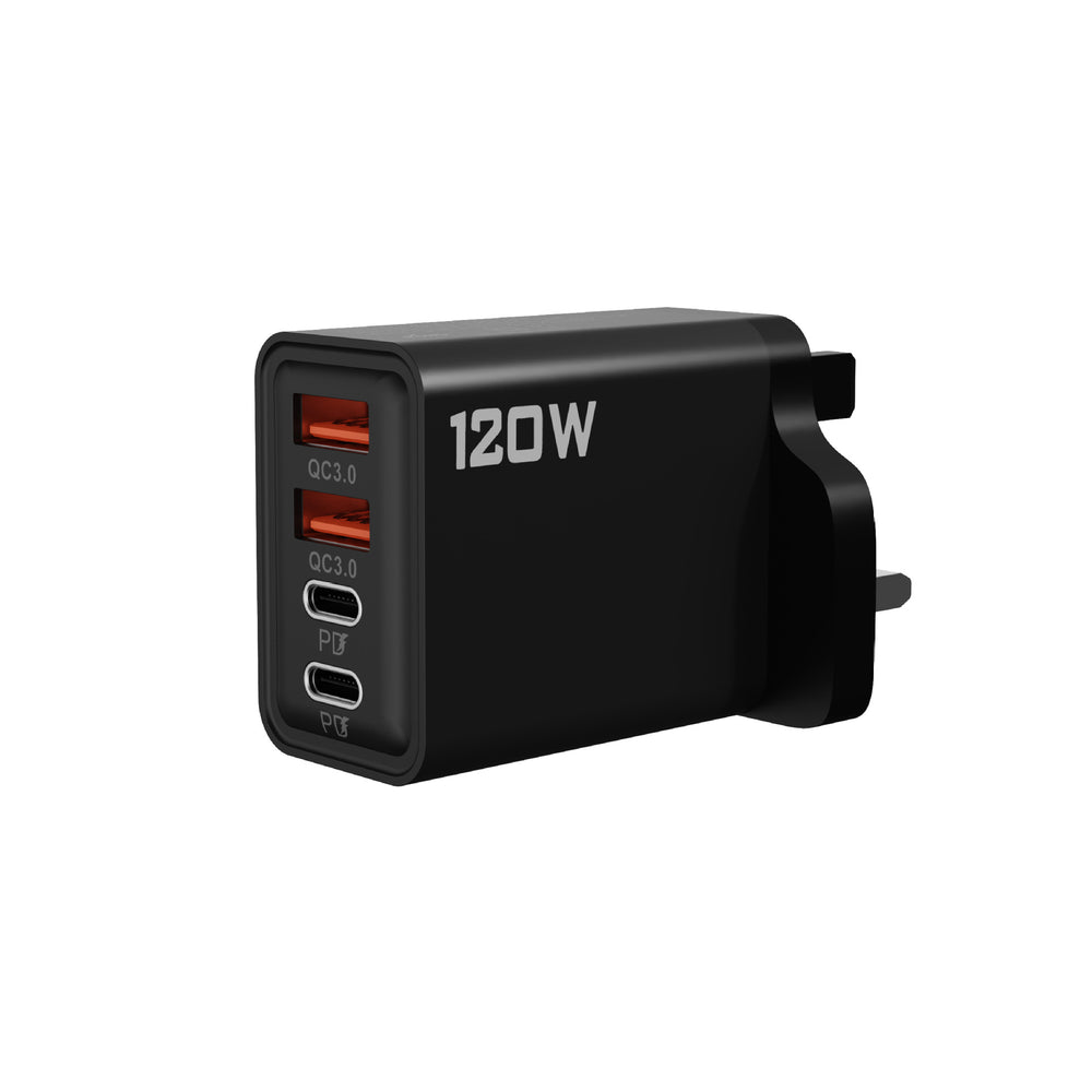 120w super fast charging adapter - dual usb + dual type-c uk plug charger for mobile phones
