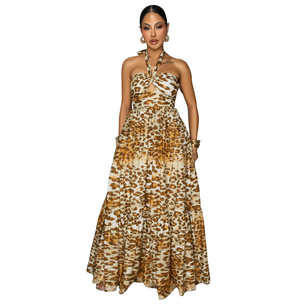 C7769 cross-border  new women's leopard print cutout waist maxi beach dress
