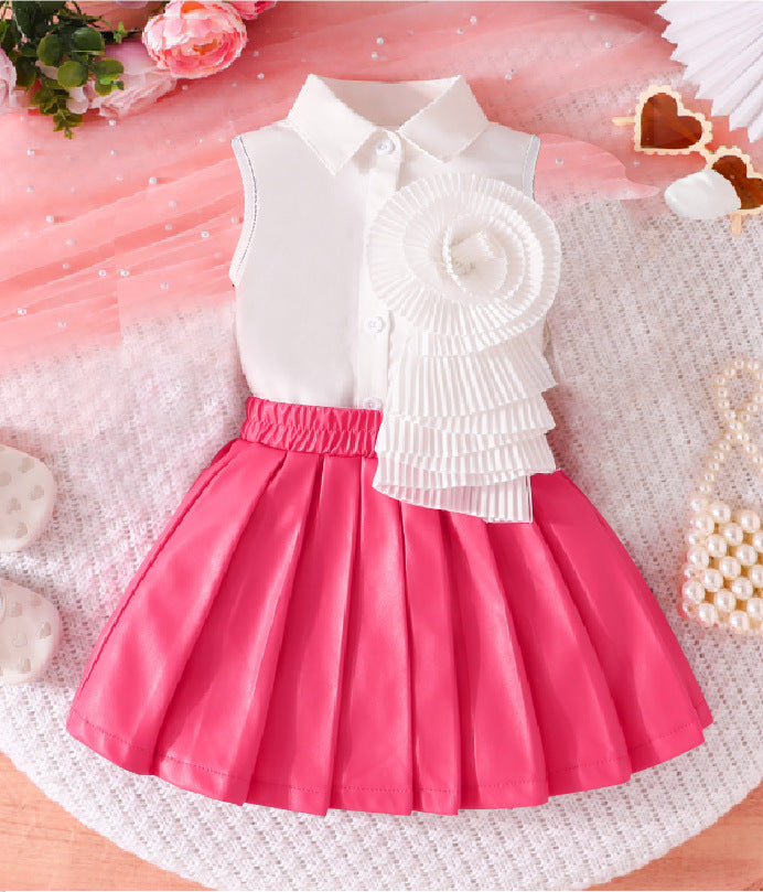 cross-border exclusive: new autumn collection - sleeveless blouse with floral accents + pu leather skirt set - hot seller!