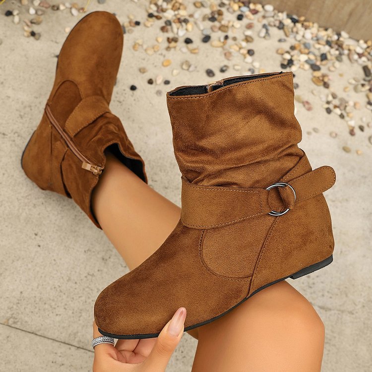 Exportretroboots cross-border plus size suede flats belt buckle women's short boots zipper round toe women's boots wholesale