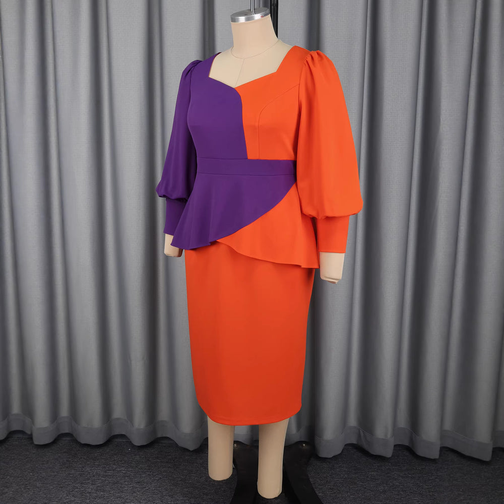 Fashionsense patchworkcontrast colordress waist elegant work clothing puff sleeve work clothing hip skirt dress