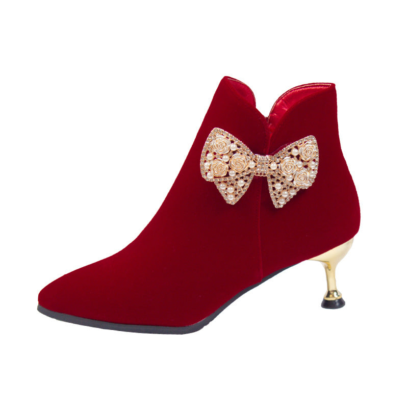 Boots women's outwear 2024 fall and winter style pointed thick heel xiuhe red bridal shoes suede short boots wedding shoes