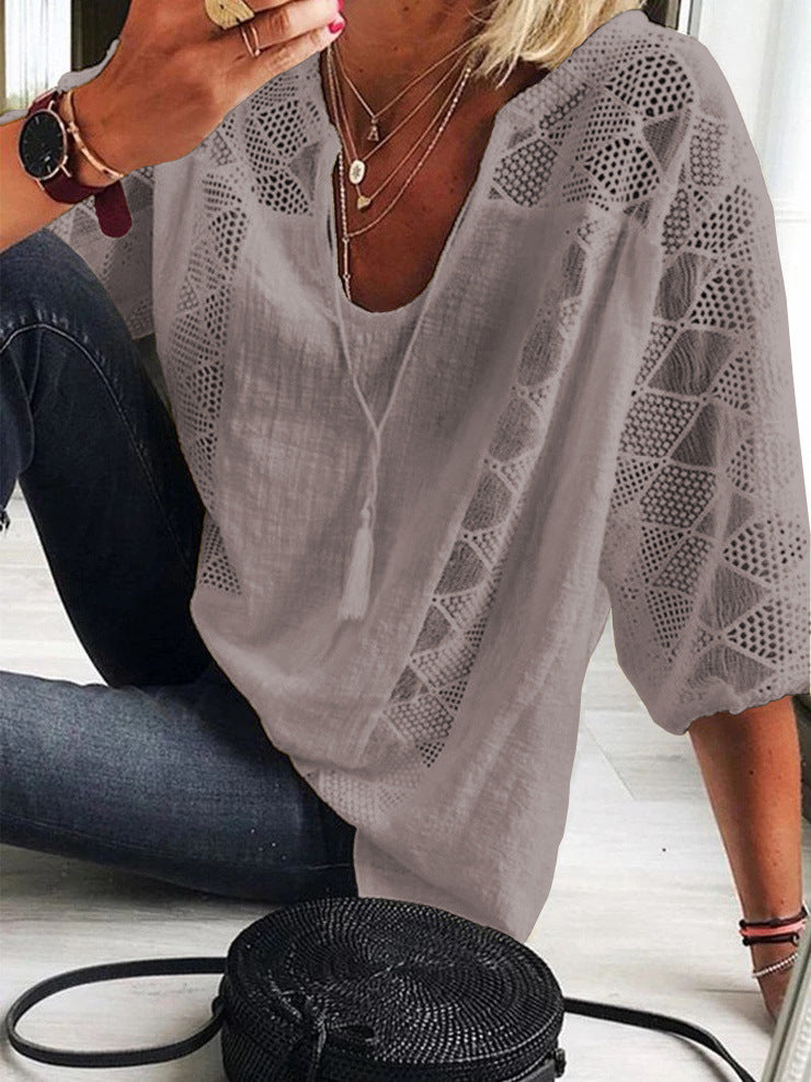 loose type    new arrivalfashionlacepatchwork u-neck three-quarter sleeve tops