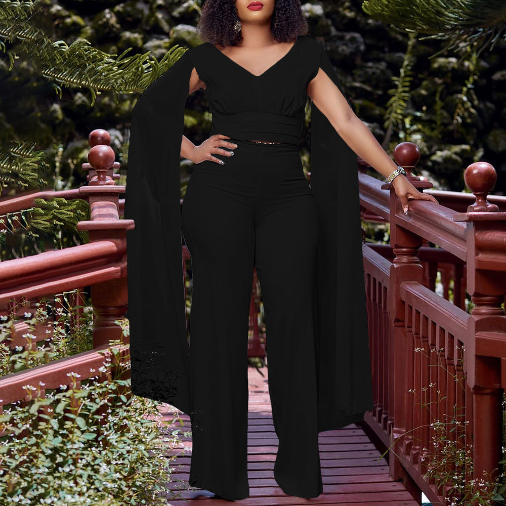 C8561 european and american style fashionable elegant commute v-neck top and wide-leg pants two-piece set, plus size african export outfit