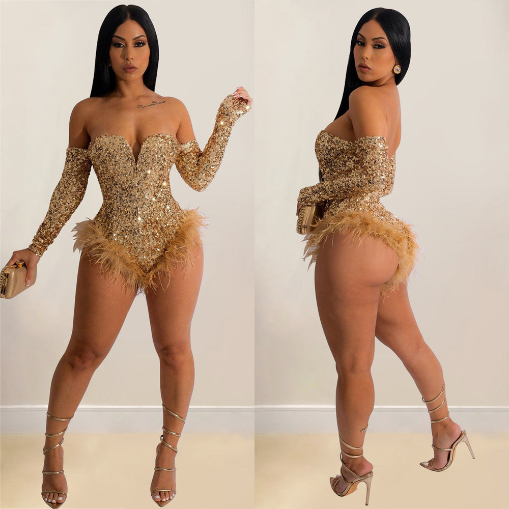 C6225 cross-border   fashion women's solid color sequin long sleeve shorts jumpsuit
