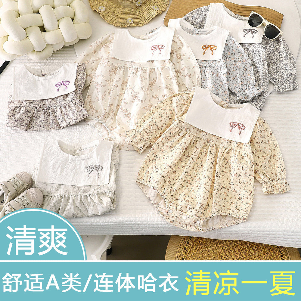 K-style baby summernew arrival bag butt baby pure cotton jumpsuit floral long sleeves romper female baby khaki