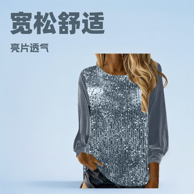 new european and american style women's casual round neck long sleeve loose fit sequin top for cross-border e-commerce