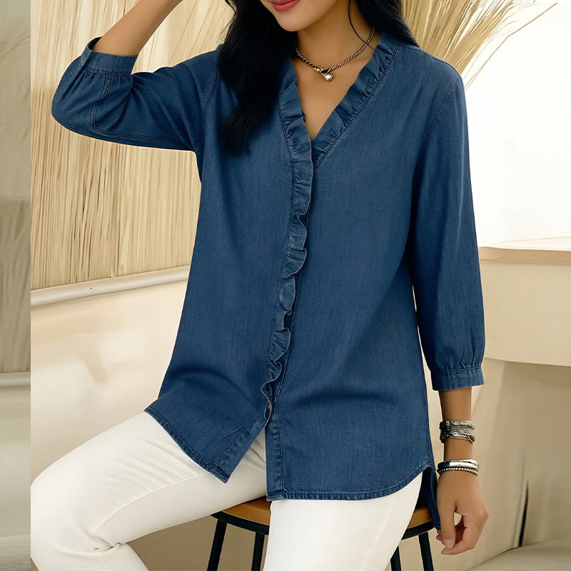 european and american export women's clothing: autumn casual fashion v-neck ruffle blouse top, new women's apparel