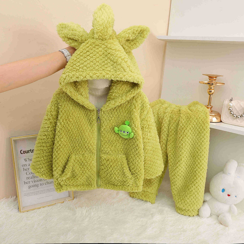 Strawberry bear baby girl flannel pajamas, boy's zip-up warm coral fleece sleepwear plush set for winter