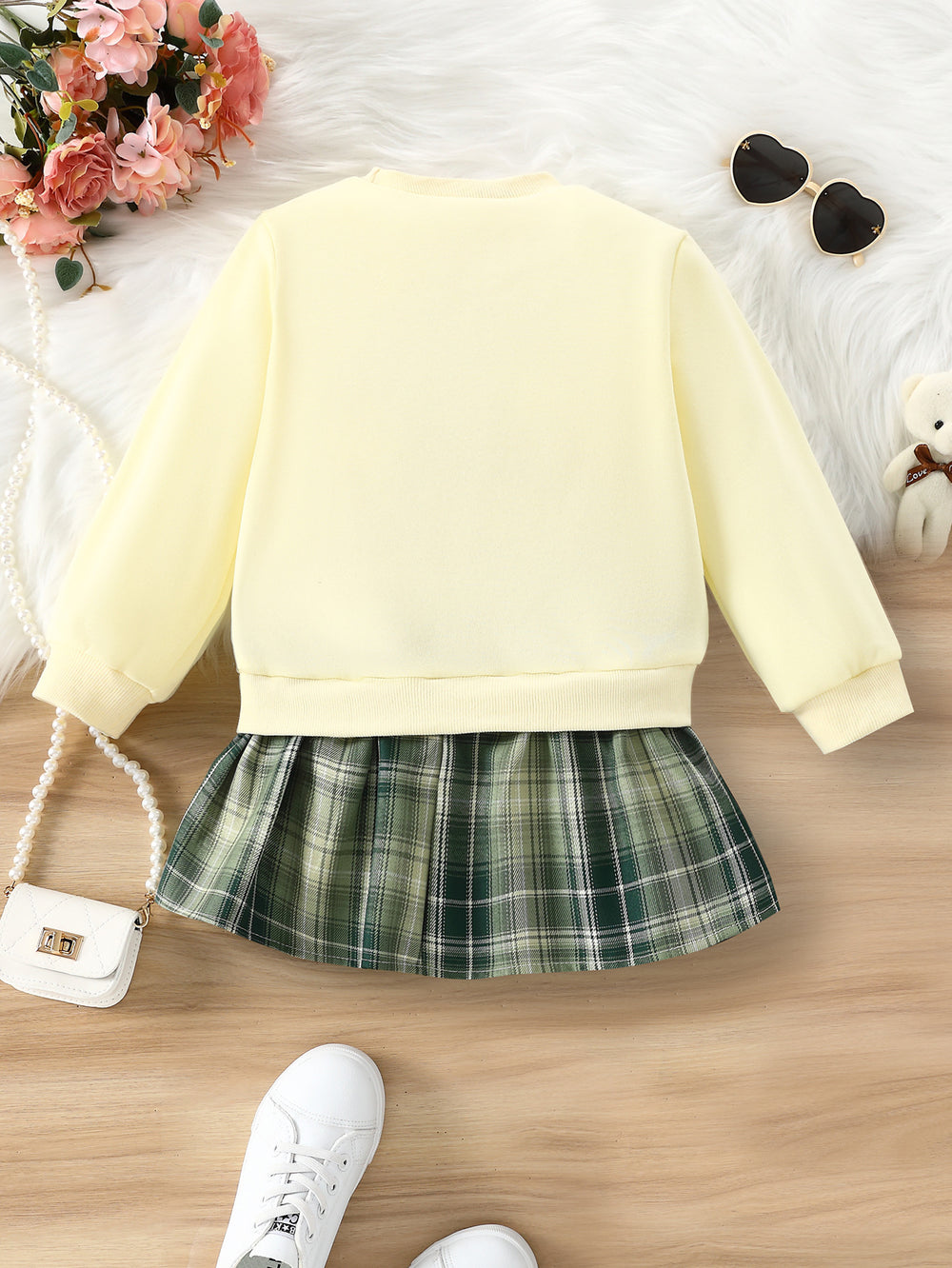 girls' sweatshirt - autumn long sleeve light yellow top - cute bear print - kids' crew neck korean style pullover