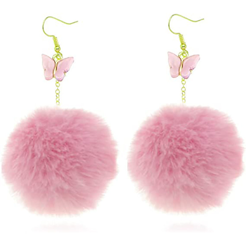 European and american cross-border new jewelry fashion mink stuffed ball pendant earrings european and american creative fall and winter butterfly earrings