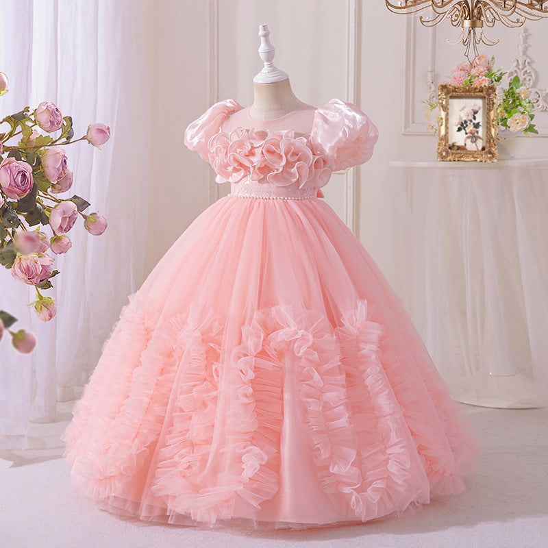 Ready-to-ship girls' evening gown long tulle dress flower girl wedding dress birthday party piano recital sweet elegant princess dress
