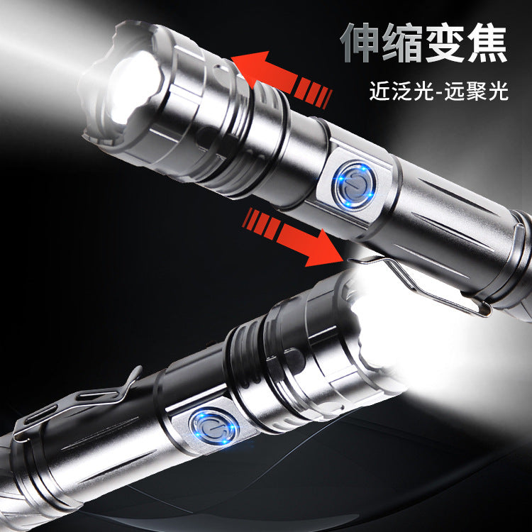 Cross-border new white laser XHP70 strong light USB charging, strong light remote shooting pen buckle power display LED flashlight