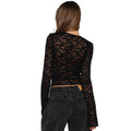 European and american style cross-border  new women's v-neck sexy cardigan lace-up long sleeve lace see-through trim t-shirt top