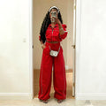 713 women's pant suit: fashionable sporty style zipper drawstring hem jacket + pocket wide-leg pants