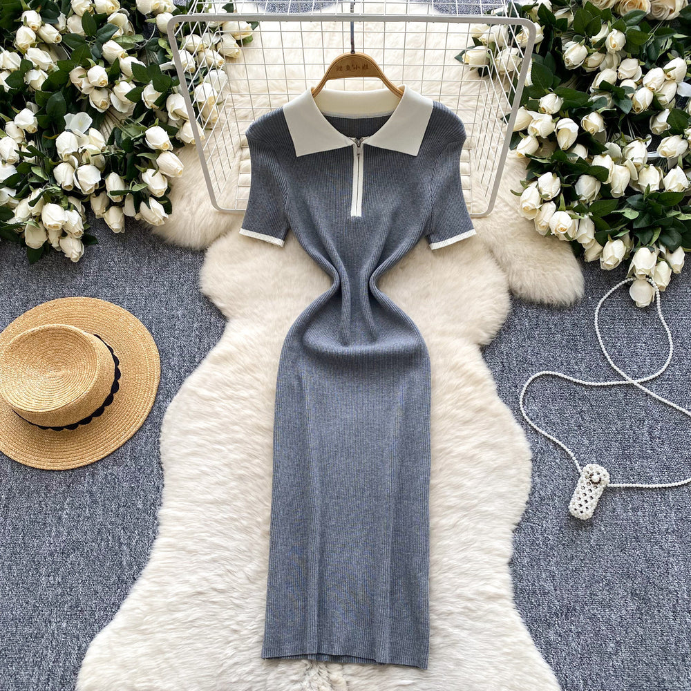 Korean ins summer new style niche styleretro polo collar short sleeve silmslimming lookelegant hip-covering knittingdress