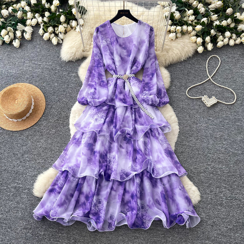 French romantic purple floral print dress - women's spring/autumn long sleeve, slim fit, tiered cake dress - vacation style maxi dress