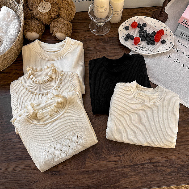 Girls' base layer top - new spring styles: stylish and versatile solid color knit fleece-lined base layer top, trendy knitted sweater for baby girls