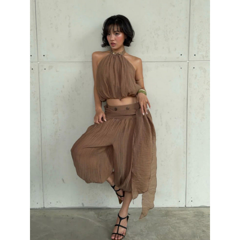 European and american style women's summer  new arrival: edgy sleeveless halter neck backless top and casual lantern pants set