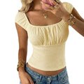 summer new arrival:  cross-border fashion - european & american retro square neck, pleated, cinched waist, short, spicy girl top for women