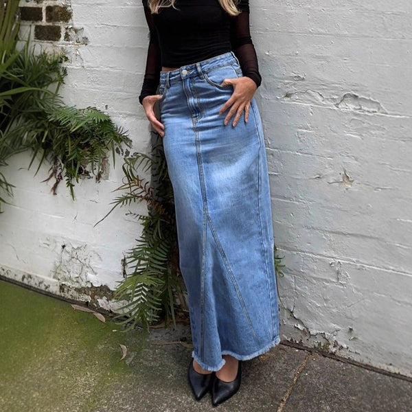 PTC70245 #European and American   women's beard skirt medium blue denim skirt