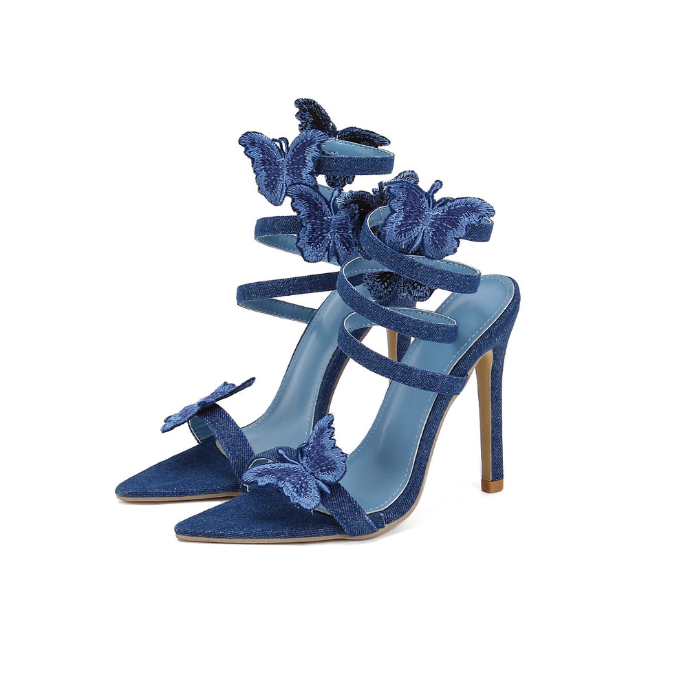 New embroidered wrap solid color shoes denim butterfly snake sandals export pointed toe stiletto heel slippers amazon