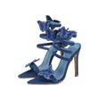 New embroidered wrap solid color shoes denim butterfly snake sandals export pointed toe stiletto heel slippers amazon