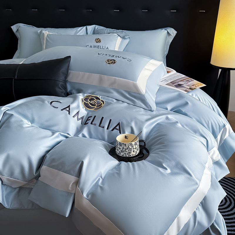 Solid color four-piece cotton light luxury high-end pure cotton quilt cover bed sheet villa model room master bedroom bedding