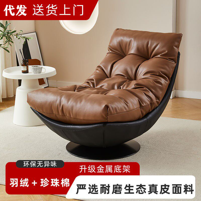 Nordic light luxury single sofa chair - rotatable, designer mid-century modern style genuine leather leisure lazy sofa for living room or balcony